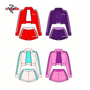 Completo sportivo primaverile da <span class=keywords><strong>donna</strong></span> di alta qualità con strisce laterali, set due pezzi personalizzato con <span class=keywords><strong>felpa</strong></span> con zip e colletto alto e pantaloncini - Product Image 1