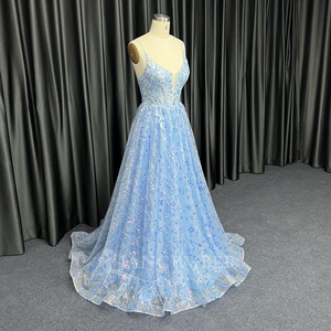 Robe de bal bleue à bretelles perlées, col en V profond, corsage brillant, dos lacé Hx129 - Product Image 3