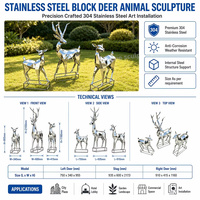 Grande sculpture de cerf moderne sur mesure en acier inoxydable 304, facettée, polie miroir, pour jardin, place publique, hall d'hôtel