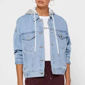 Wholesale hat detachable plus size women jeans jacket boyfriend fashion crop denim woman jacket with hood