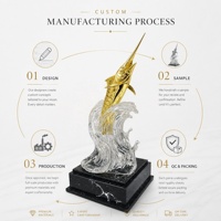 Trophée Marlin en métal plaqué or personnalisé, sculpture vague en cristal, base en marbre noir, fabricant OEM ODM