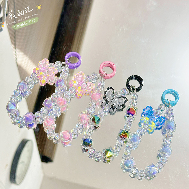 2026 Butterfly Beads Phone Chain Keychain Sweet Girl Anti-lost Wrist Strap Bracelet Earphone Case Charm Bag Decor