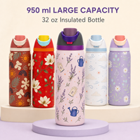 Bouteille d'eau en acier inoxydable de 32 oz avec couvercle à bouton-poussoir isolé sous vide anti-fuite, intérieur 304, extérieur 201, impression de motif original