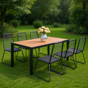Set da Pranzo in Alluminio WPC Nero e Marrone per 6 Persone, Resistente alle Intemperie, Arredamento da Giardino per Esterni, Design Contemporaneo - Product Image 2