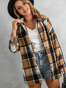 SWEET BABE Chaqueta camisera a cuadros marrón oliva de talla grande para mujer - Abrigo informal de manga larga con botones y solapa, corte holgado - Product Image 6