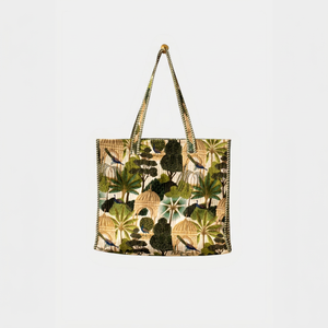 Sac fourre-tout en toile brodée style bohème avec imprimé tropical à panneaux, sac de shopping pour femme toutes saisons, fermeture ouverte - Product Image 1