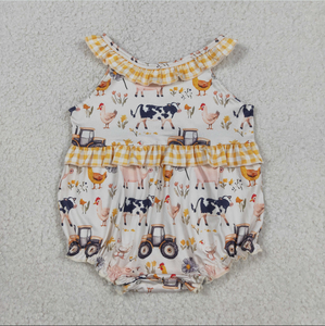 Sibling Baby Girls Pigs Cows Tunic Checked Ruffle Short Farm <b>Clothes</b> Set Rompers - Product Image 6