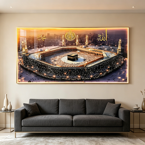 Wholesale Custom Kaaba Panoramic View Islamic Wall Art LED Muslim Home Decoration UV Proof Framed Crystal porcelain painting - Product Image 3