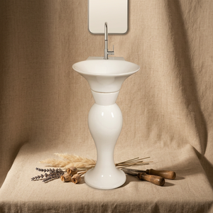 White Pedestal Vessel <b>Basin</b> Floor Mounted Modern Design Polished Finish Easy Clean Drainer Included Granite Top Bathroom Sink - Product Image 1