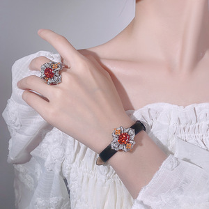 Ensemble de bijoux en pierre précieuse orange flamme et cuir, laiton plaqué platine, bracelet et bague pour femmes, luxe - Product Image 5