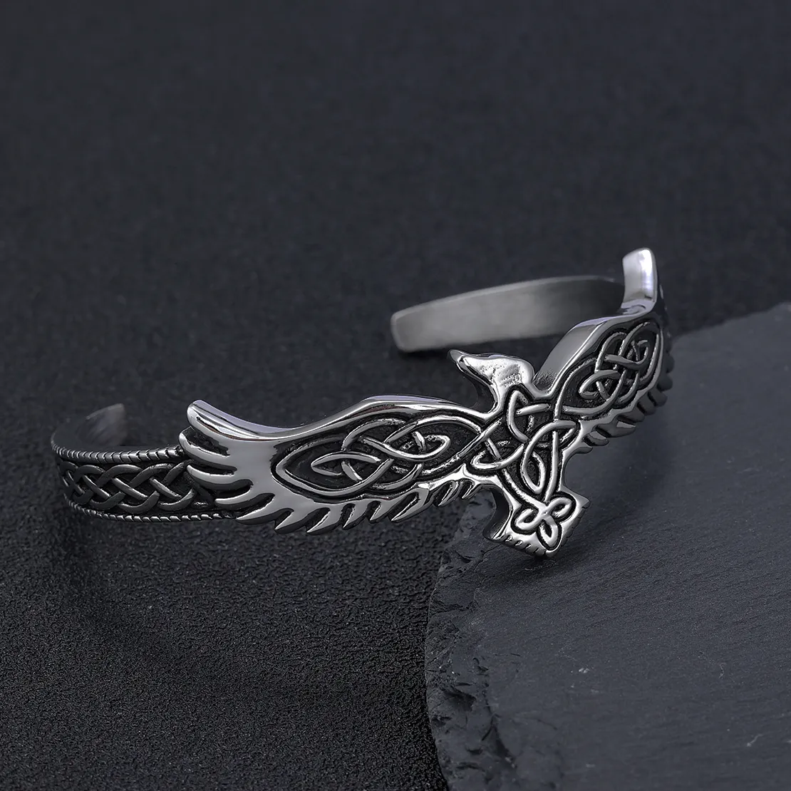 Silver Viking Jewelry Raven Bracelet Open Cuff Bangle Animal Bird Mens Viking Irish Knot Arm Ring Mens Bracelet