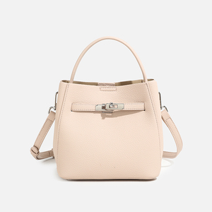 Women's Genuine Leather Tote Bag With Lock Closure Removable Strap Classic Style Daily Use <b>Handbag</b> Beige Color - Product Image 5