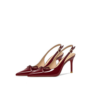 <span class=keywords><strong>Sandalias</strong></span> de tacón alto para mujer, color burdeos, con un solo tirante, espalda descubierta, tacón fino y puntiagudo, con detalles de lazo, estilo moderno - Product Image 1