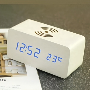 Reloj despertador digital LED de madera, dispositivo de mesa con carga inalámbrica para teléfono, regalo promocional, logo personalizado, nuevo diseño de escritorio - Product Image 4