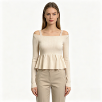Pull décontracté de haute qualité pour femme, couleur bleue, épaules dénudées, à manches longues et pointelle, personnalisable OEM & ODM, vente en gros