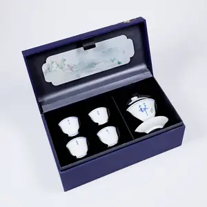 Zhongjiayao Jingdezhen taza de té de porcelana horno de madera azul y blanco pintado a mano cubierta de cerámica tazón y taza juego de té de Kung Fu chino