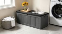Boîte de rangement extérieure moderne de 103 gallons |   Boîte de rangement en résine verrouillable résistante aux UV pour coussins, outils, jouets d'enfants et colis