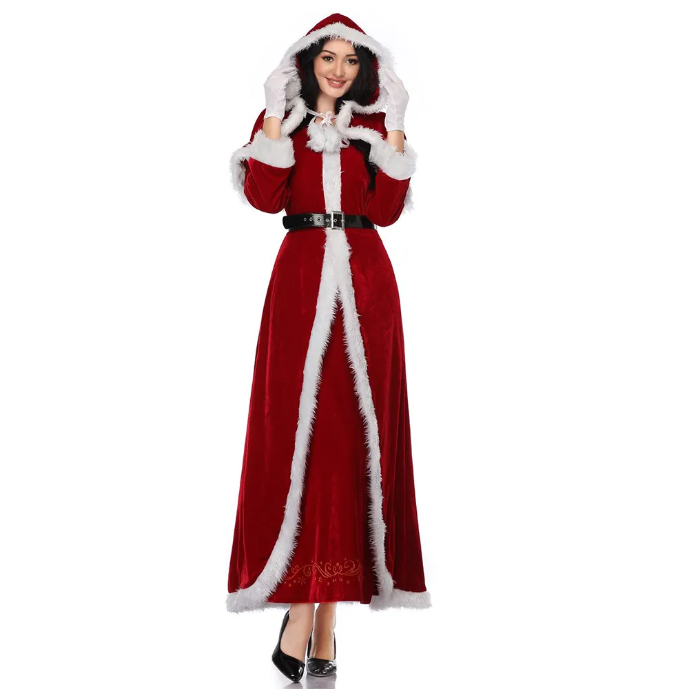 Noel elbise kadınlar noel kostüm pelerin ile yetişkin için kırmızı kadife kürk elbiseler kapşonlu seksi kadın noel baba kostüm
