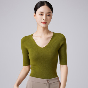 Suéter de Punto Liso con Cuello en V, 100% <span class=keywords><strong>Lana</strong></span>, Diseño Sostenible y Moderno, Manga Corta, para Mujer, Estilo <span class=keywords><strong>Merino</strong></span> - Product Image 4