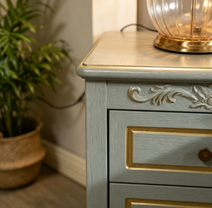 Elegant Gray Modern Farmhouse Style Nightstand with Gold Trim and Carved Details Two-Drawer Design for Bedroom Decor - Product Image 3