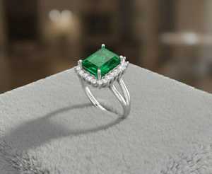 แหวนทองคำขาว 14KT ประดับพลอยสังเคราะห์ทรงเหลี่ยมมรกตและเพชรแล็บ - Product Image 4