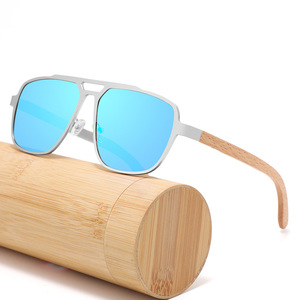 Gafas de sol de aviador metálicas transfronterizas para hombre con patillas de madera, lentes TAC polarizadas UV400, montura negra - Product Image 4