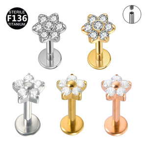 Orecchini a Perno in Titanio G23 con Fiore CZ, 16G, Filettatura Interna, per <span class=keywords><strong>Piercing</strong></span> Helix, <span class=keywords><strong>Trago</strong></span>, <span class=keywords><strong>Oro</strong></span> con Zircone, Biocompatibile - Product Image 2