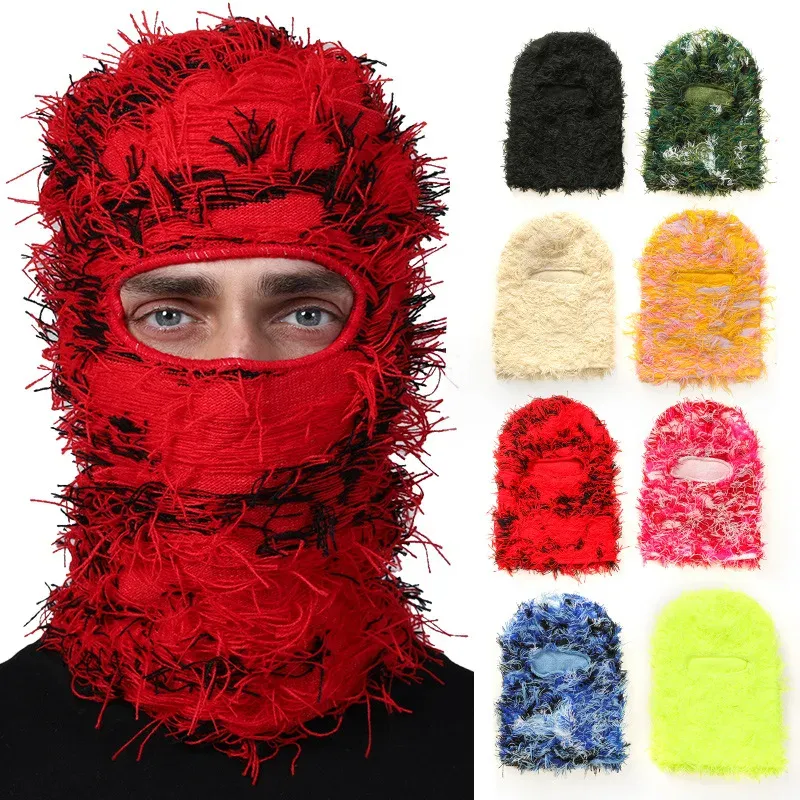 Hip Hop Tassel Knit Balaclava Unisex Trendy Camouflage Beanie Windproof Skull Cap Outdoor Cycling Ski Mask Coldproof Warm Beanie
