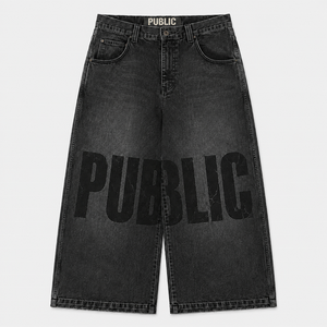 Pantalones vaqueros de hombre OEM personalizados de cintura alta y pierna ancha con estampado craquelado, estilo streetwear, de algodón de peso medio, lavado a la piedra, para otoño - Product Image 1