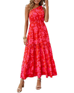 Nouvelle collection été 2026 pour femmes européennes et américaines : Robe asymétrique à col asymétrique, taille haute, coupe ajustée, motif floral, fentes, avec cordon de serrage, style doux et frais - Product Image 6