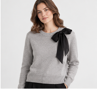 Pull en tricot personnalisé pour femme, col rond, noir, épaule à nœud gris clair, manches longues, service ODM