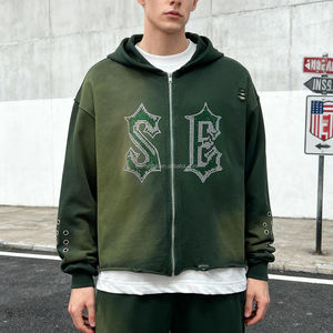 Distressed Ripped Heavy Weight Hoodie French Terry Sweat à capuche zippé en strass surdimensionné Custom Cropped Acid Wash Sweat à capuche zippé pour hommes - Product Image 1