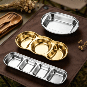 Bol à sauce en acier inoxydable FLEY SUS304, style coréen, design à 1-4 compartiments, bol à trempette doré pour barbecue et fondue - Product Image 2