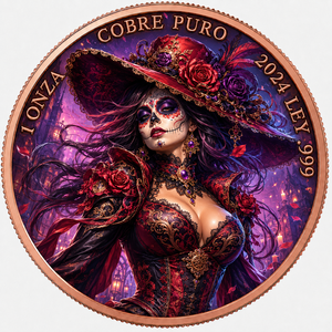 Pièce de monnaie en cuivre pur .999 de 1 once, ronde, à bord large, style gothique, motif floral rouge Catrina Jour des Morts - Product Image 1