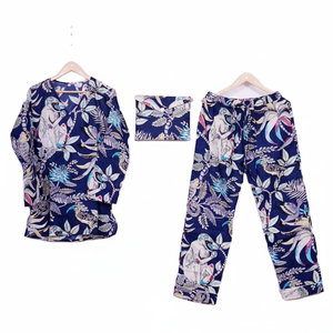 Ensemble pyjama 2 pièces pour femme en coton tissé à imprimé floral, très demandé, taille élastique, col en V, manches longues, respirant, décontracté, automne - Product Image 1