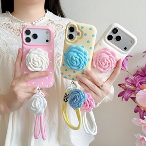 Funda de silicona suave con soporte plegable de flor de rosa y diseño de lunares <span class=keywords><strong>para</strong></span> iPhone 17 16 15 14 13 Pro Max con correa de muñeca - Product Image 1