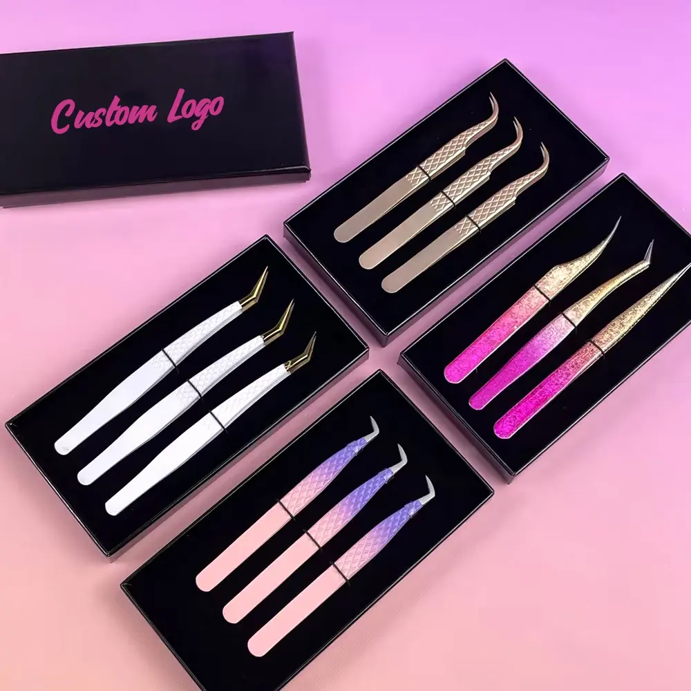 Custom Logo Accept Multi Color Silver Lash Tweezer Pointed Rounded Slanted Squared Stainless Steel UV Lash Extension Tweezer