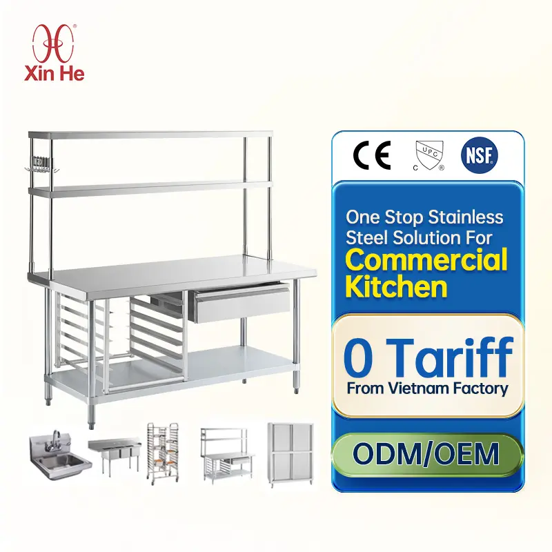 Mesa DE TRABAJO DE METAL larga de acero inoxidable 304 de estilo minimalista de alta calidad para cocina comercial