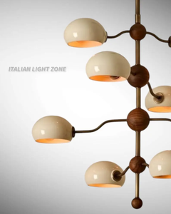 Lustre moderne italien en laiton et noyer, 8 lumières, abat-jour en dôme crème, luminaire de plafond Sputnik, éclairage suspendu de luxe - Product Image 3