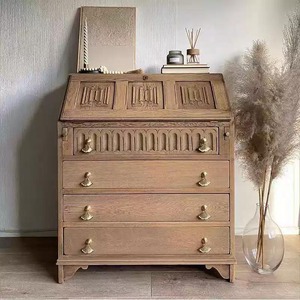 <b>Gothic</b> Carved Distressed Solid Oak Secretary Bureau Vintage French Farmhouse Flip Top Writing Desk Chest With 4 Drawers <b>Bedroom</b> - Product Image 1