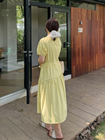 Robe midi en crêpe froissé uni grande taille, robe d'été à manches raglan avec cordon de serrage perlé à la main et poches