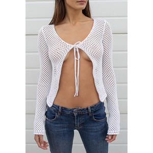 Cárdigan <span class=keywords><strong>de</strong></span> punto calado para mujer, estilo casual, fino, con lazo, para verano, ¡Gran oferta! - Product Image 2