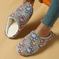 Chaussons chauds pour femmes à imprimé patte de chat, en polaire douce et silencieuse, confortables pour l'intérieur, pour couples, chaussures de maison