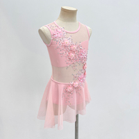 Robe de danse pour filles, rose, à fleurs, en maille transparente, sans manches, en spandex/nylon, avec appliques faites à la main, pour la danse lyrique, Fitdance