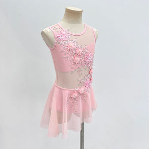 Vestido de Danza para Niñas, Color Rosa Floral, Malla Transparente, Sin Mangas, Spandex/Nailon, Apliques Florales Hechos a Mano, para Danza Lírica - Product Image 4