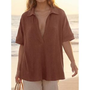 Custom <b>Womens</b> Oversized Deep V Neck Ribbed Knit Shirt Short Sleeve Casual <b>Top</b> Summer Wear - Product Image 2