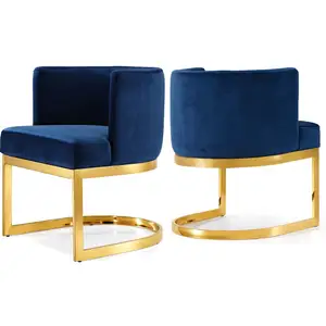 Moderne Gouden Roestvrijstalen Faam Marineblauw Fluwelen Gestoffeerde Eetkamerstoel Fauteuil Stoelen Voor Eetkamer