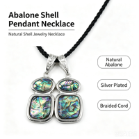Collier pendentif en coquille d'ormeau naturelle, bijoux en coquille irisée avec cordon tressé noir pour cadeau, vente en gros