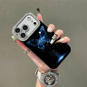 Étui <span class=keywords><strong>de</strong></span> téléphone portable Bling Diamond Butterfly <span class=keywords><strong>pour</strong></span> iPhone 16 15 14 13 Pro Max Plus, objectif d'appareil photo en verre IMD, coque rigide noire brillante en PC - Product Image 3