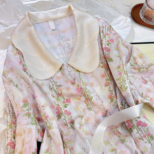 Conjunto de Pijamas Personalizados HUOYOUNG <span class=keywords><strong>para</strong></span> Mujer, Pijamas Femeninos Suaves de 3 Piezas, Conjunto de Pijamas de Seda Satén con Estampado Floral por Sublimación - Product Image 3